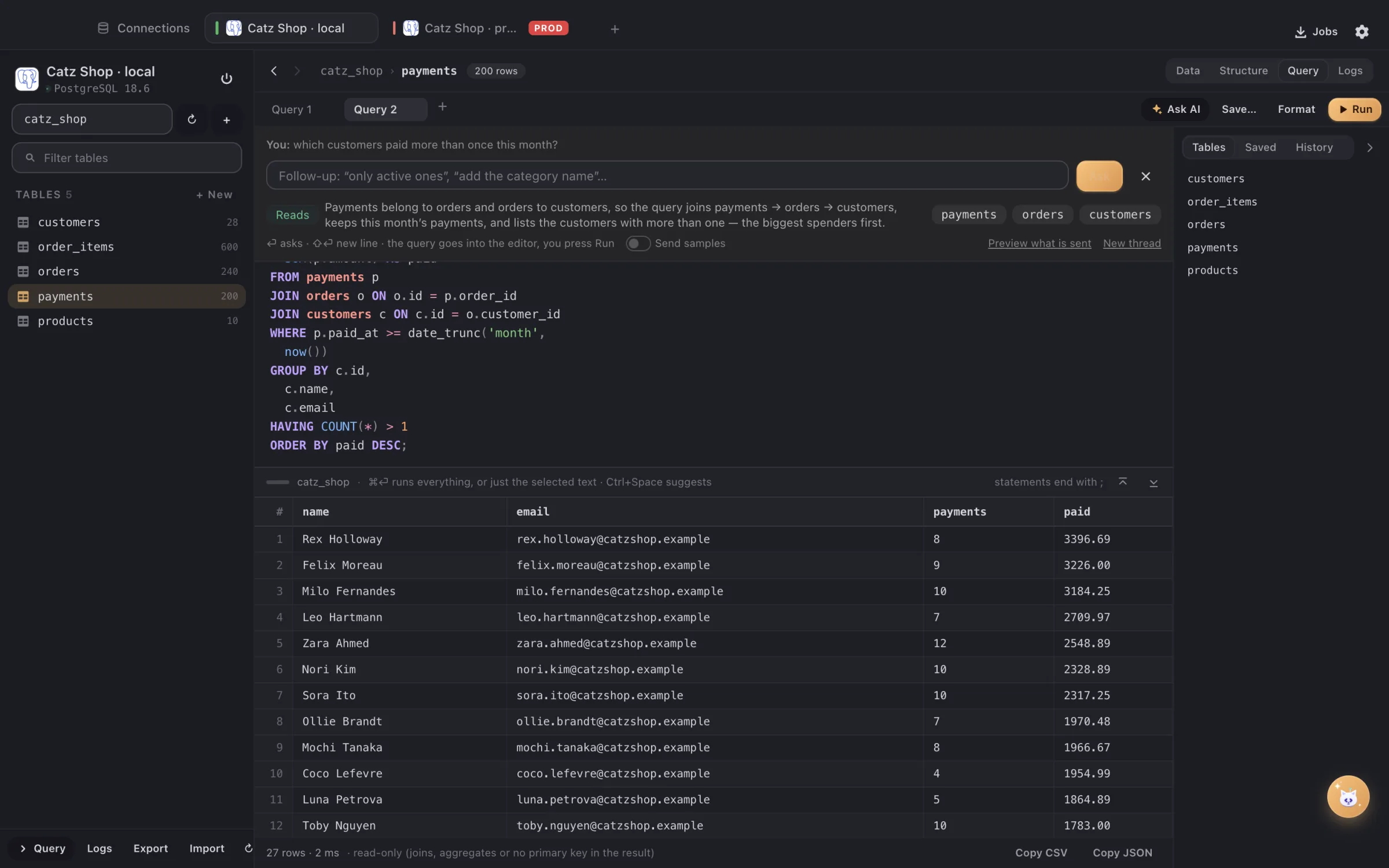 Ask AI writing a query in DBCatz from a plain question
