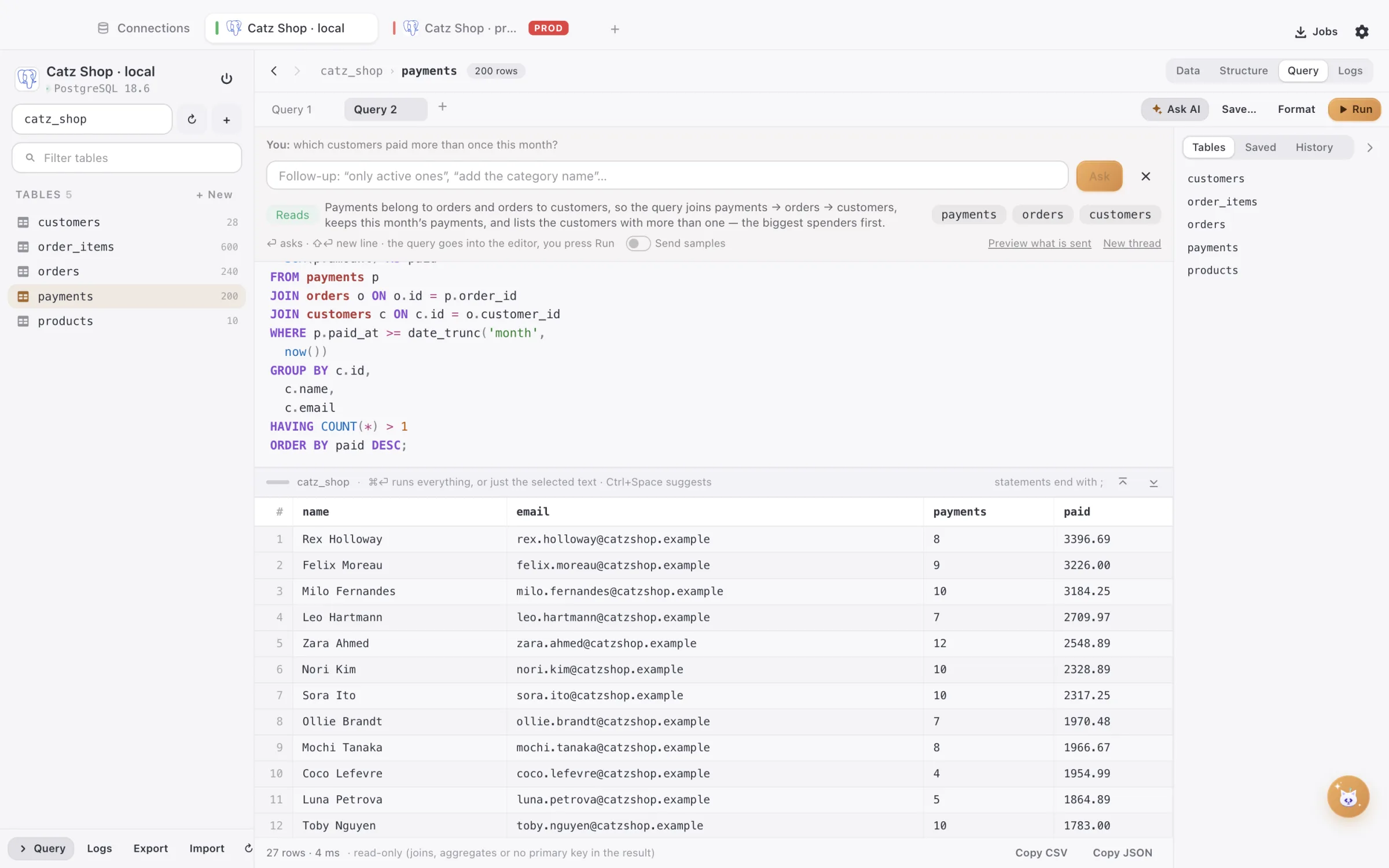 Ask AI writing a query in DBCatz from a plain question