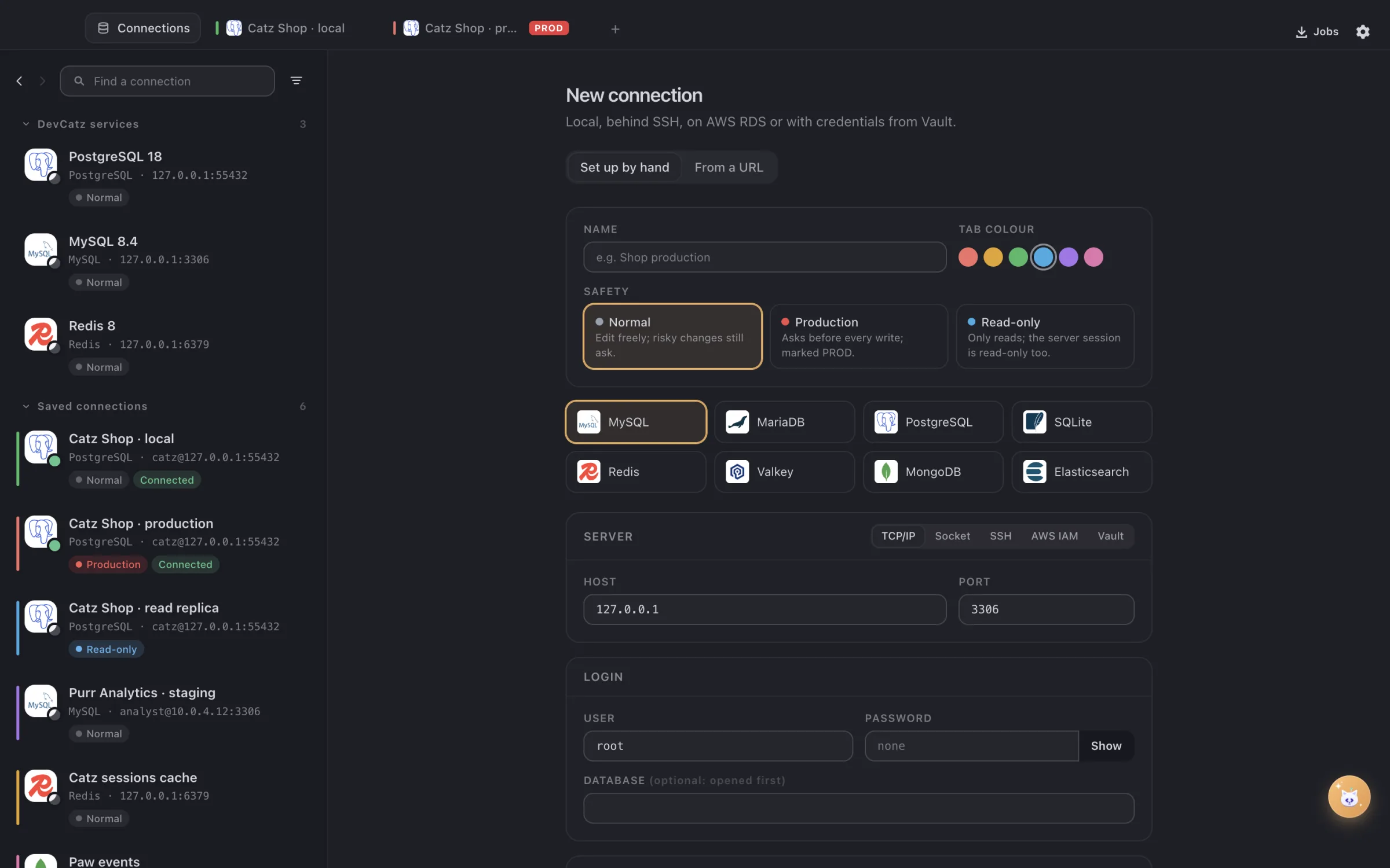 Connections in DBCatz, with the services DevCatz runs