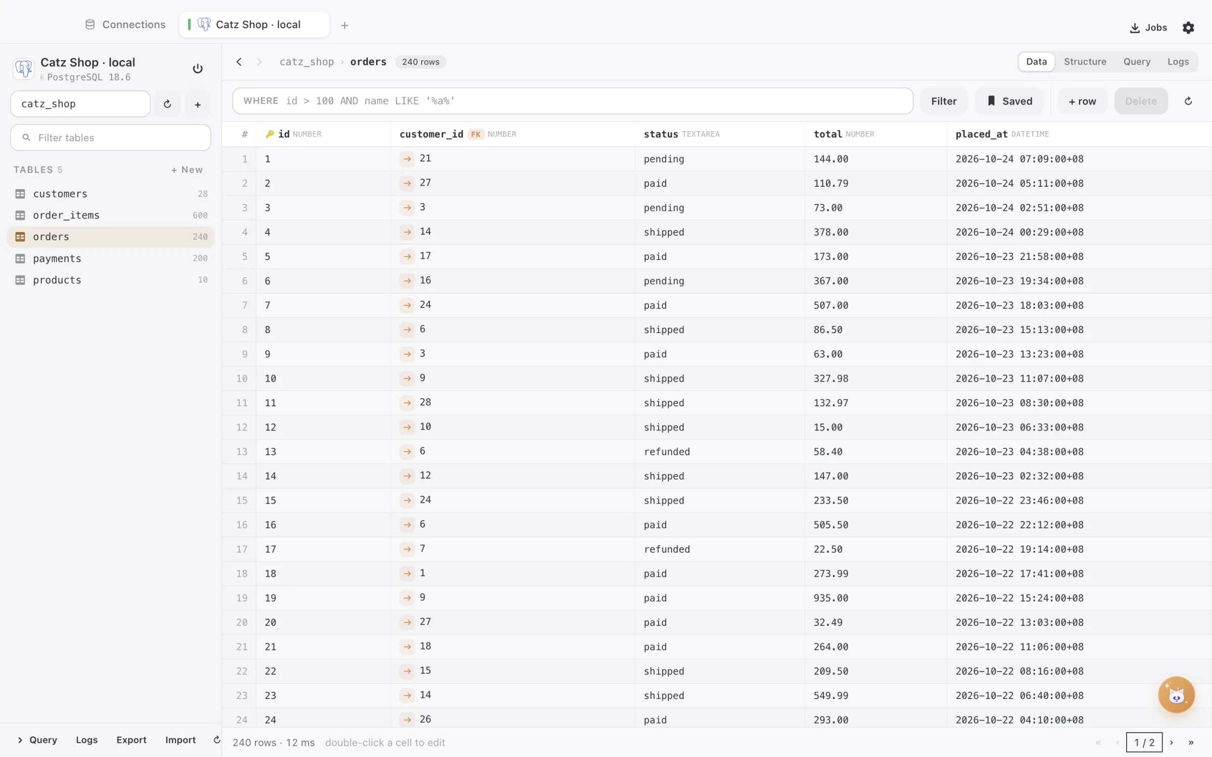 The orders table in DBCatz