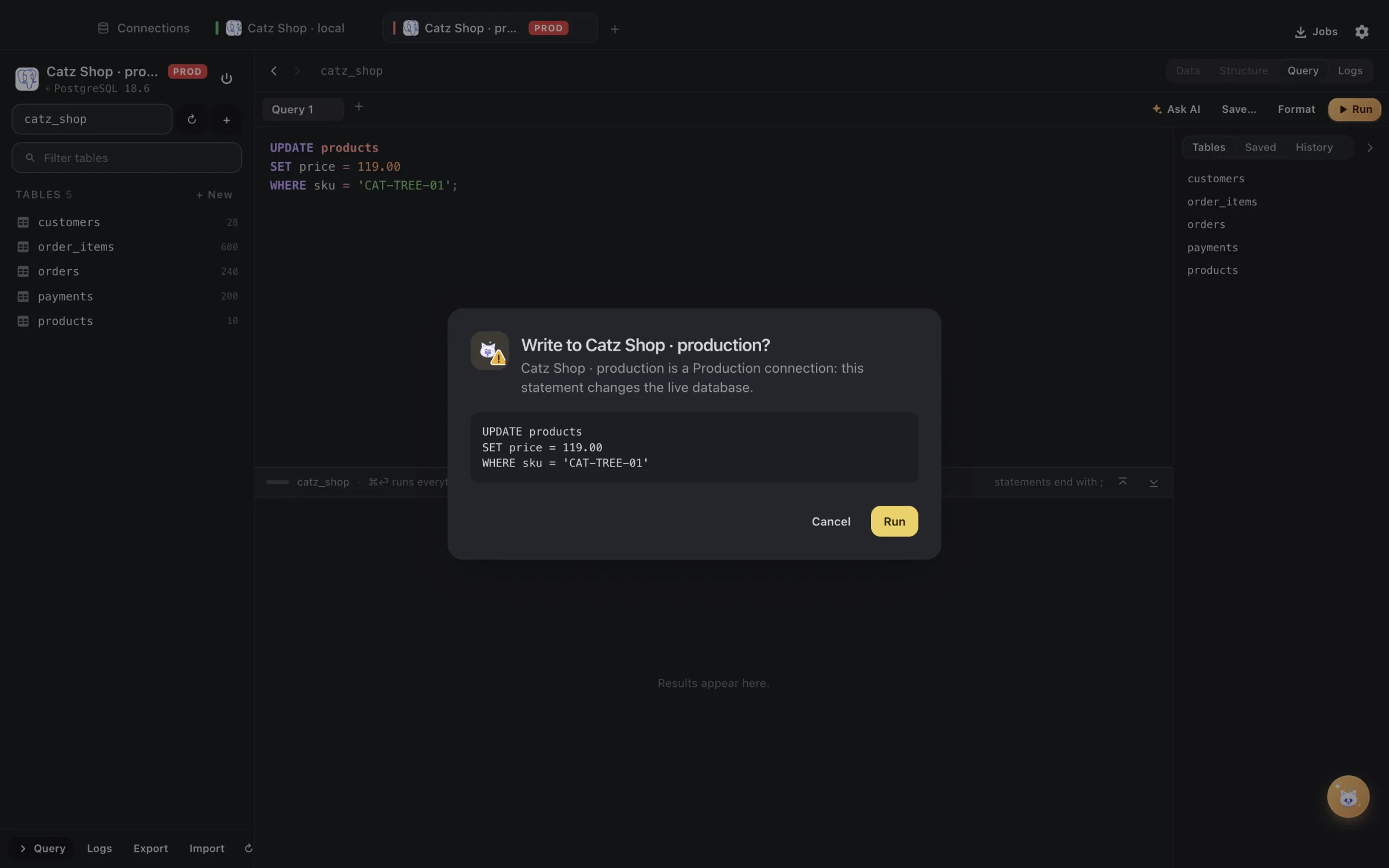 DBCatz asking before a write to production