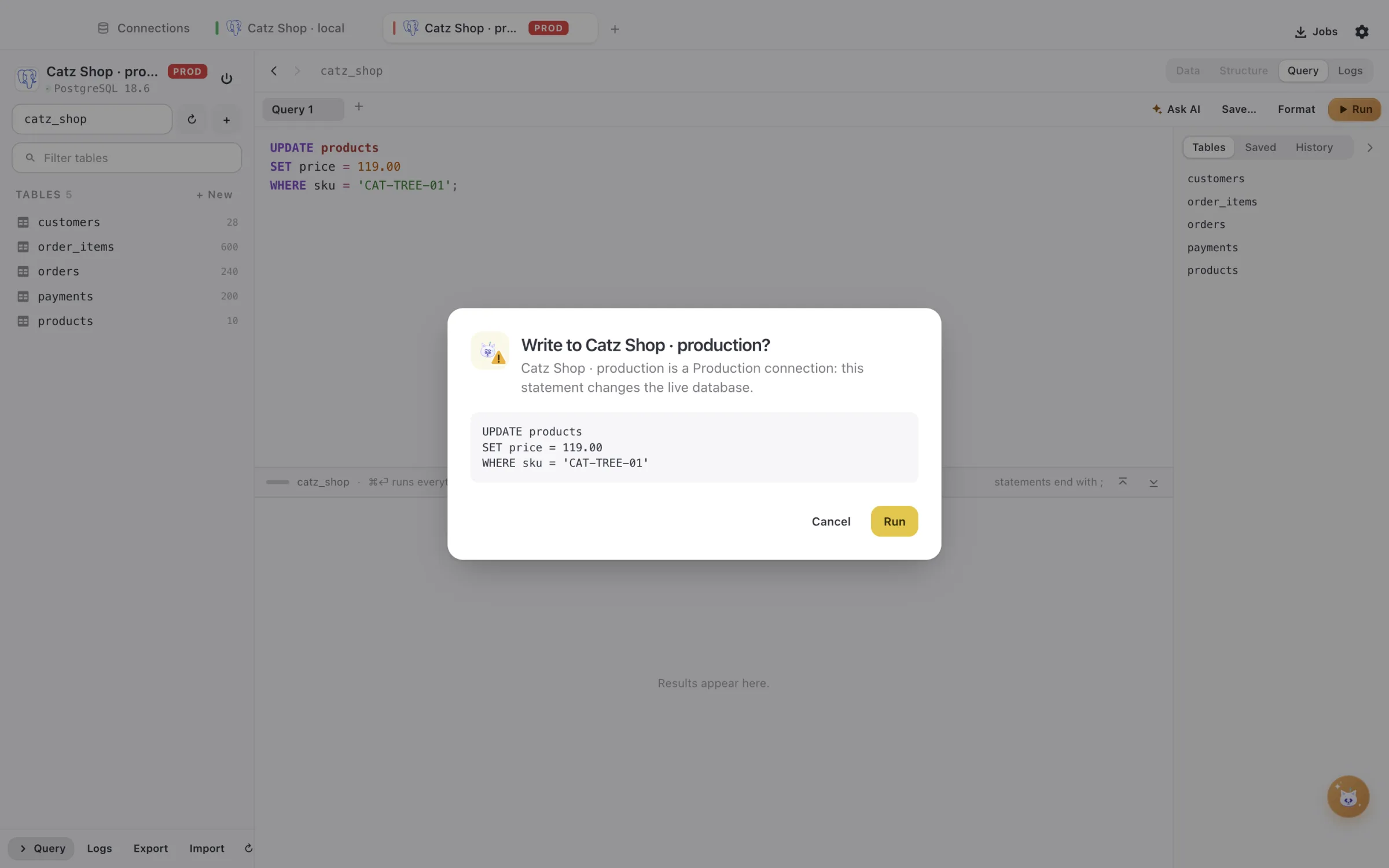 DBCatz asking before a write to production