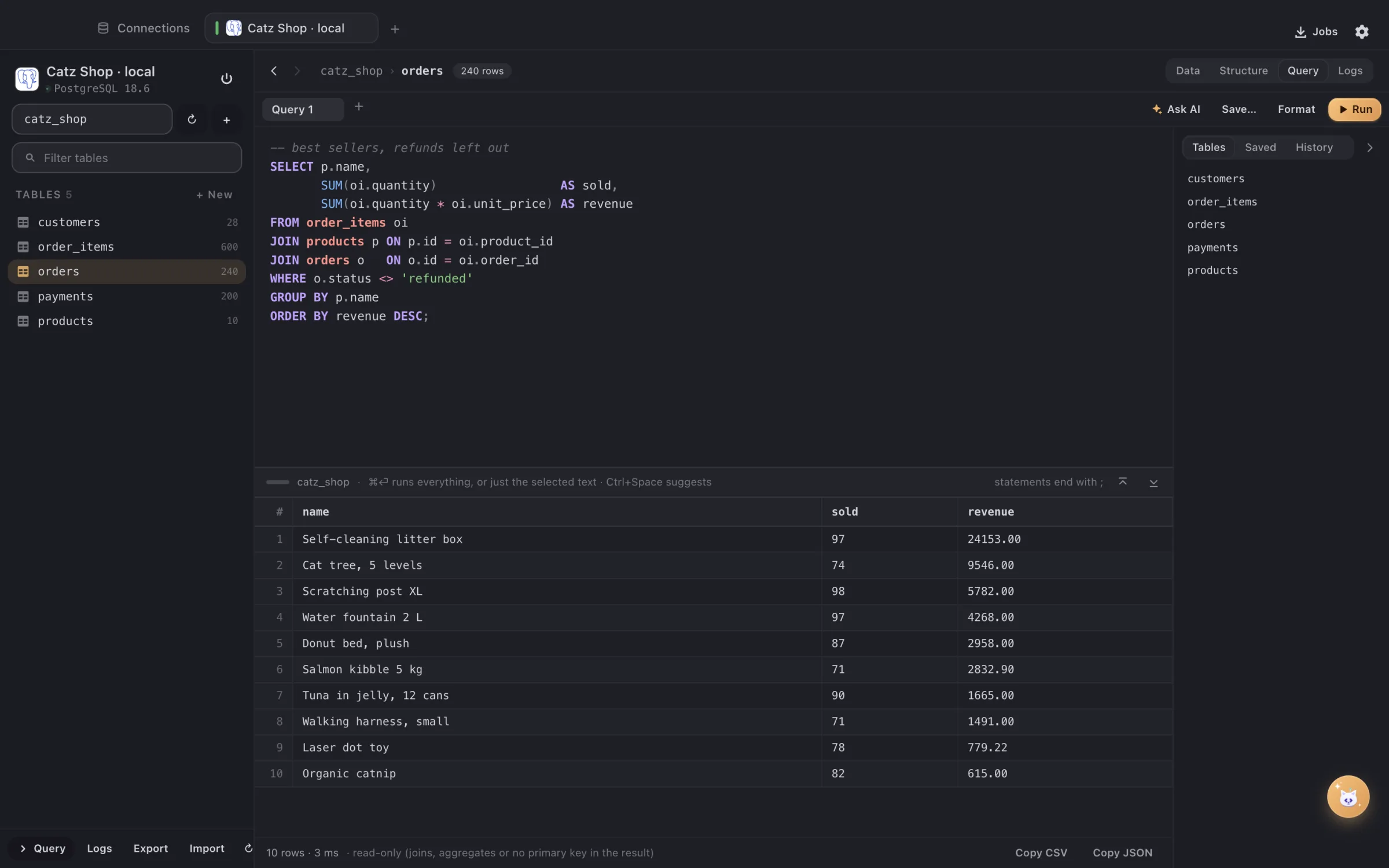 A query and its results in DBCatz