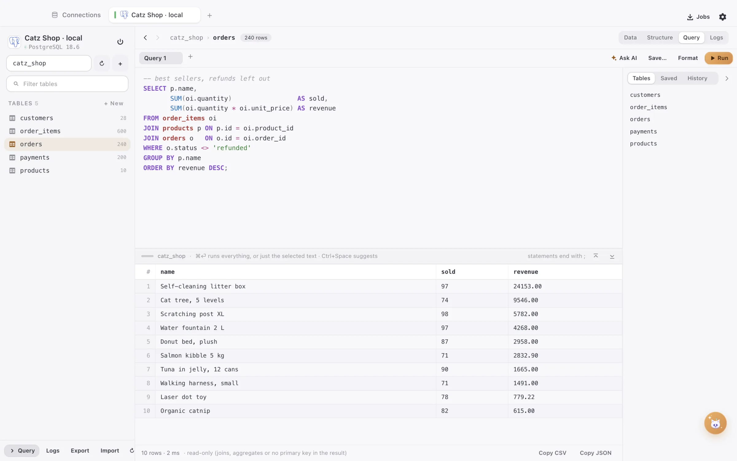 A query and its results in DBCatz