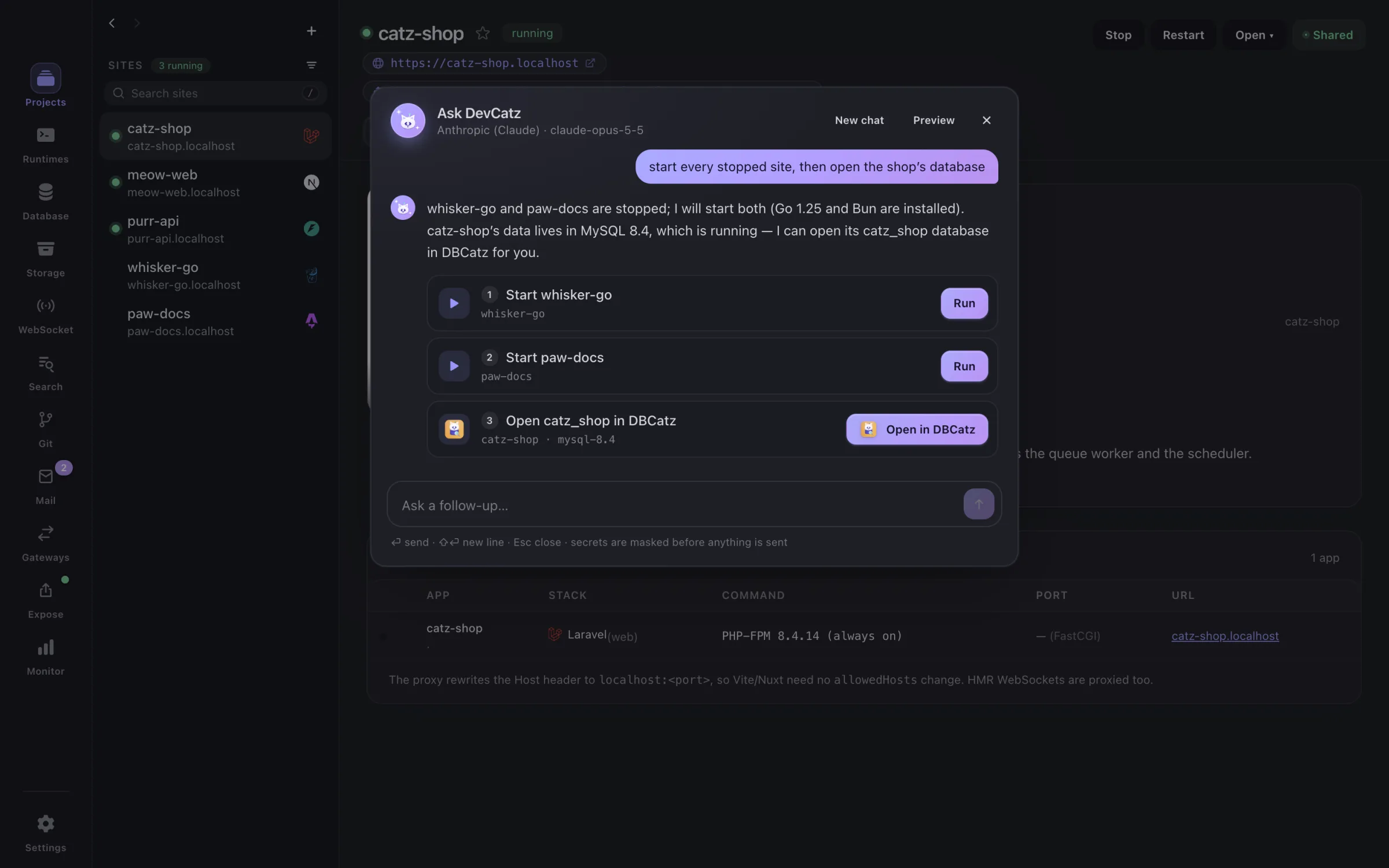 Ask DevCatz turning a plain request into steps