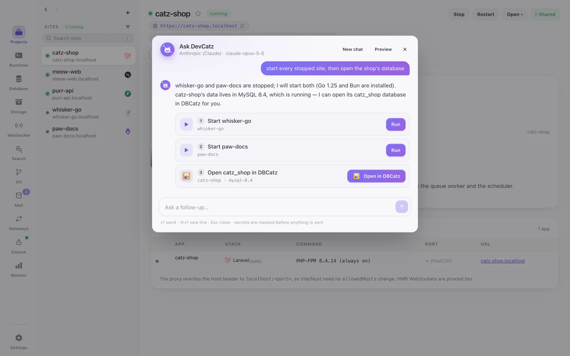 Ask DevCatz turning a plain request into steps