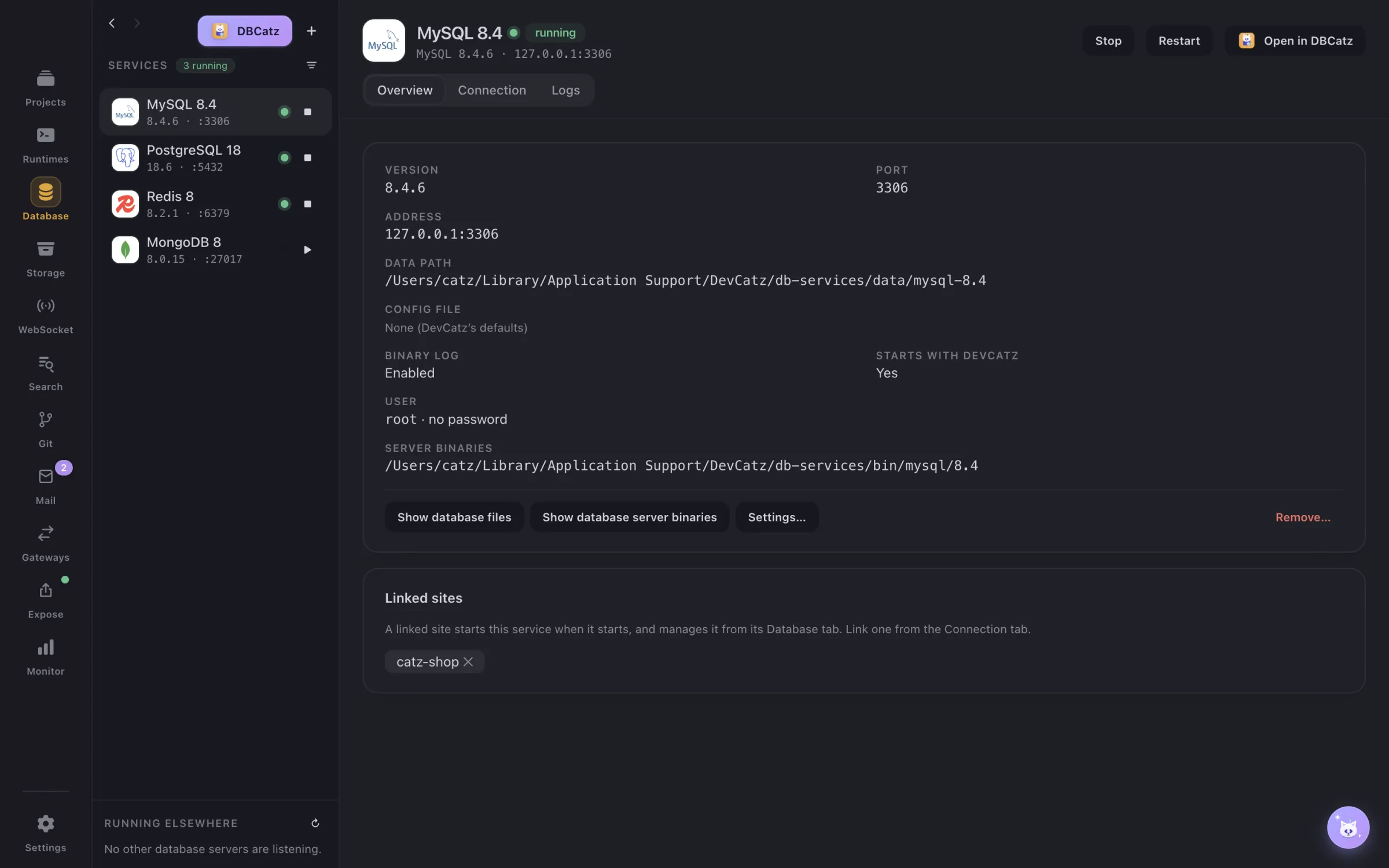 Database services in DevCatz with Open in DBCatz