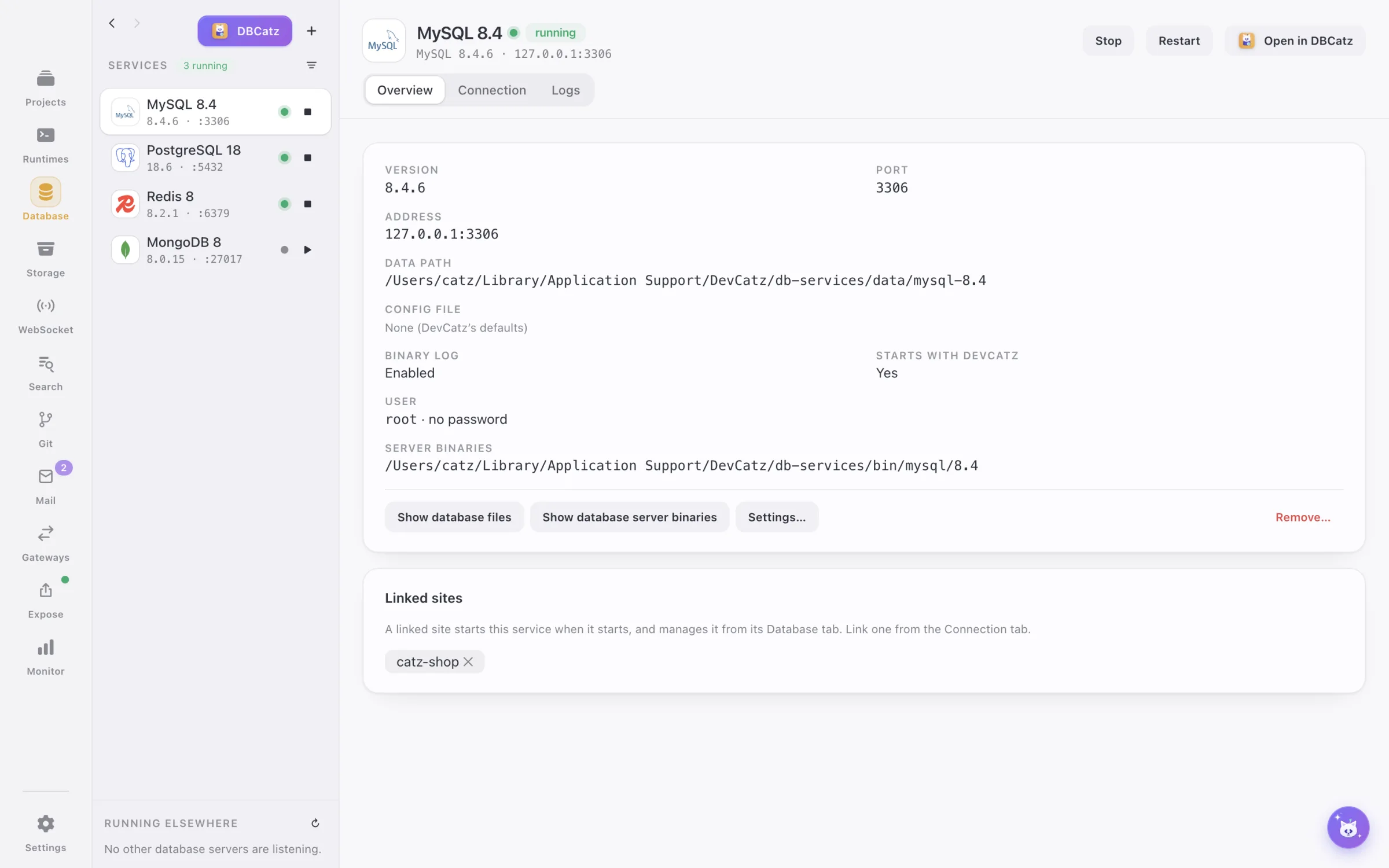 Database services in DevCatz with Open in DBCatz