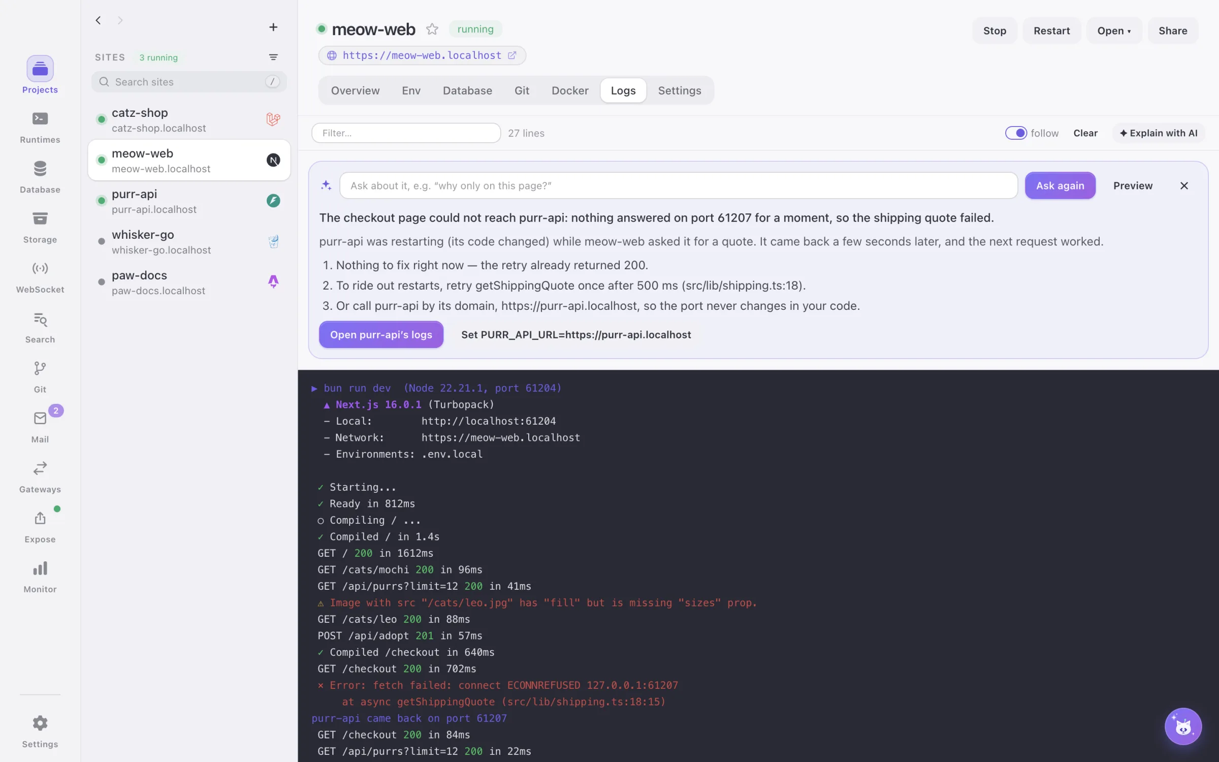 DevCatz explaining an error in a site’s logs with AI