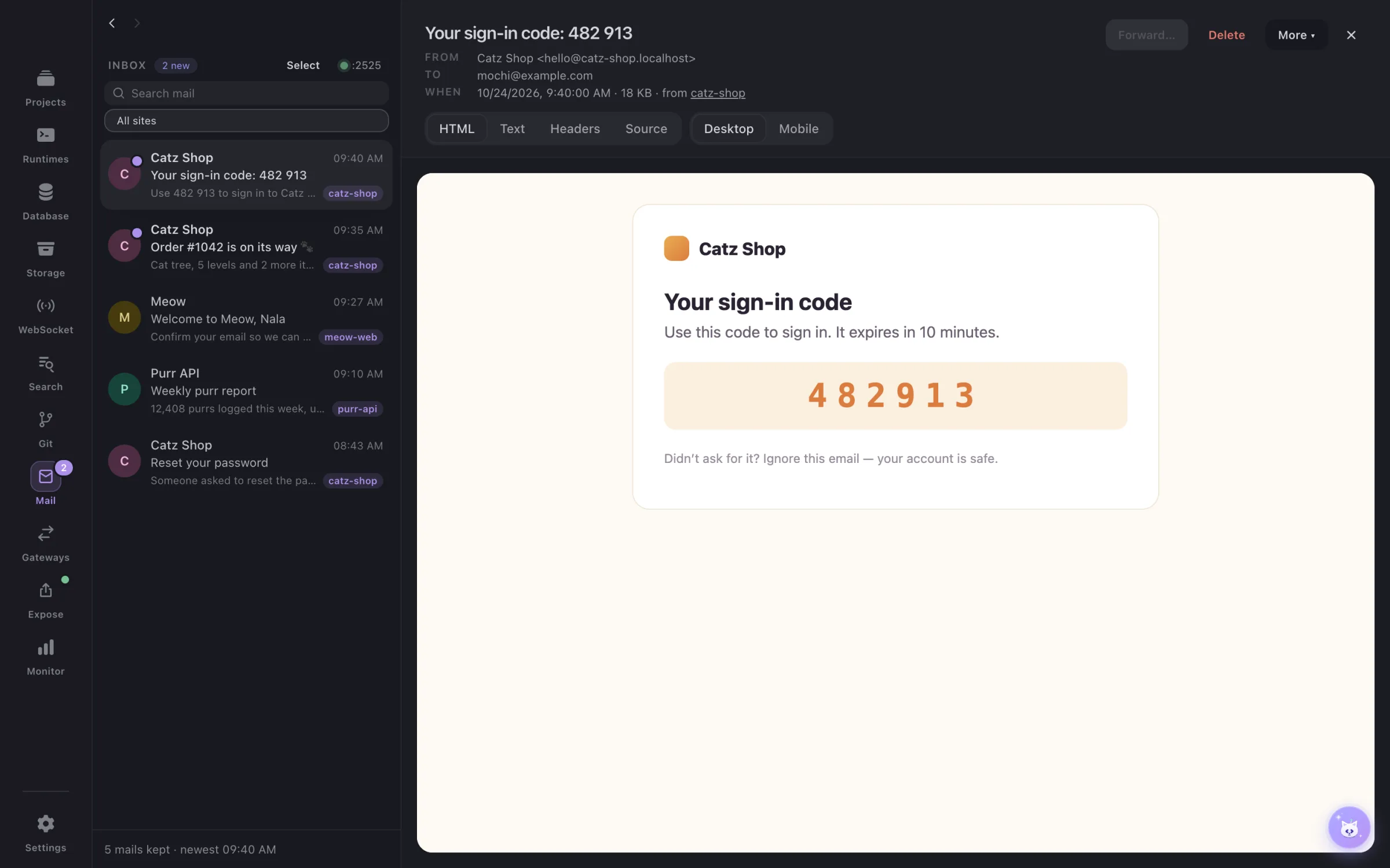 A sign-in code caught by the DevCatz mail catcher