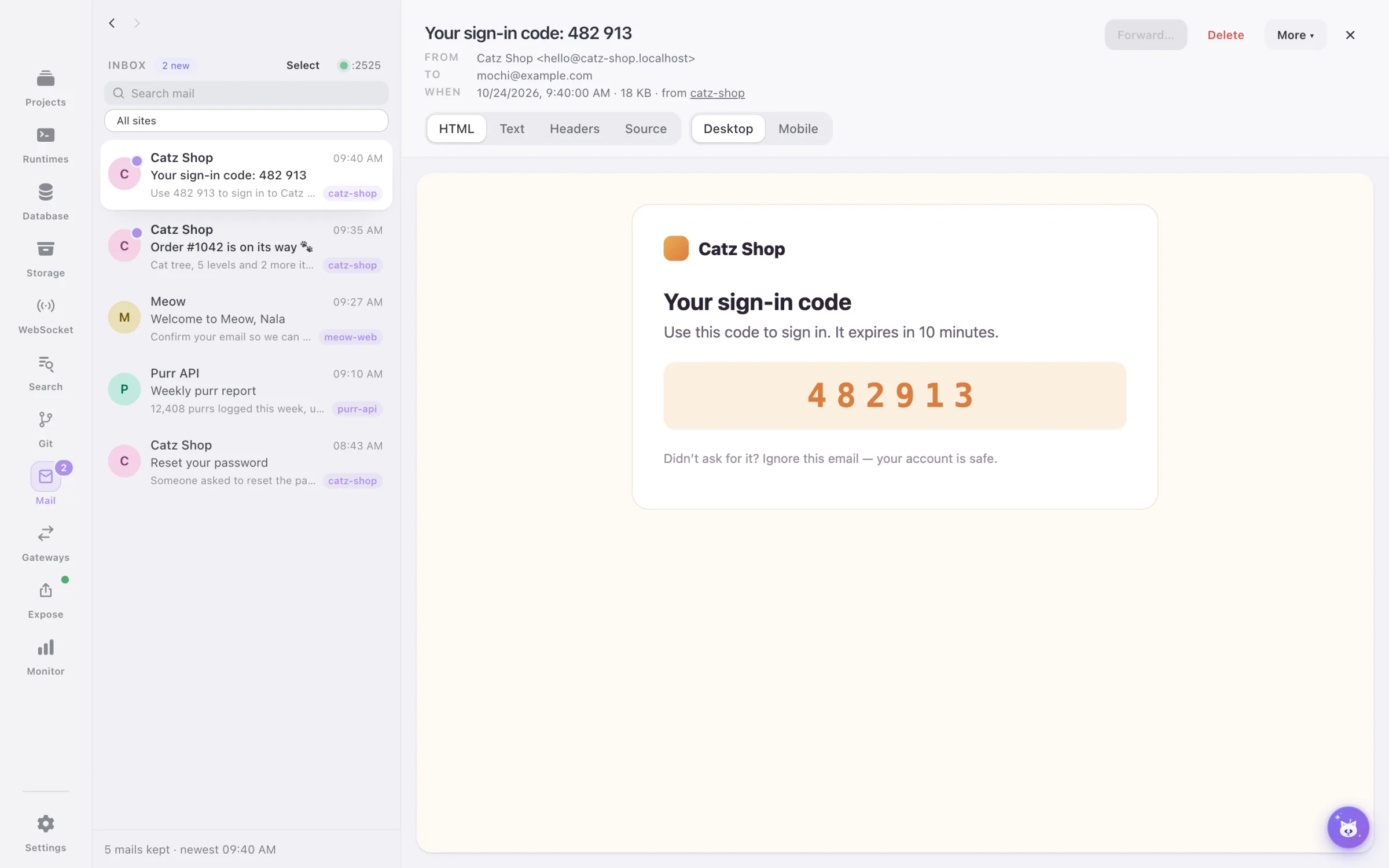 A sign-in code caught by the DevCatz mail catcher