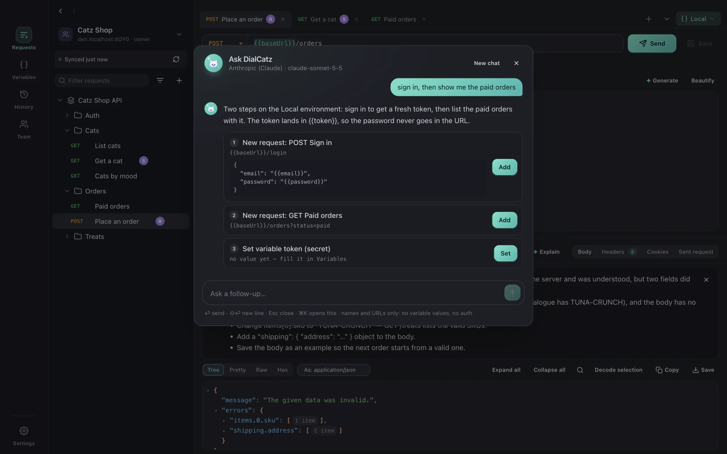 Ask DialCatz turning a plain request into new requests and a variable