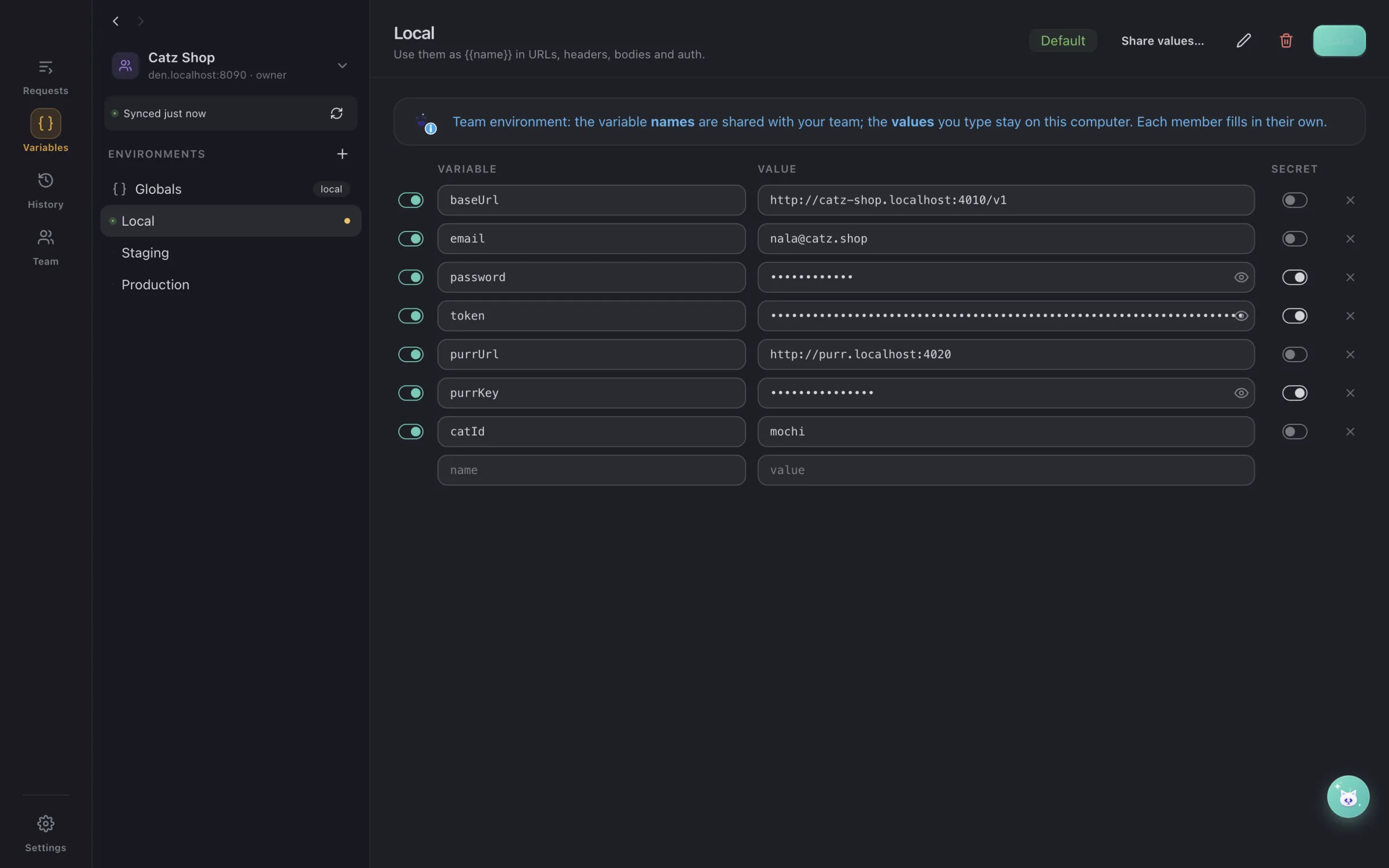 A team environment in DialCatz with secret values hidden