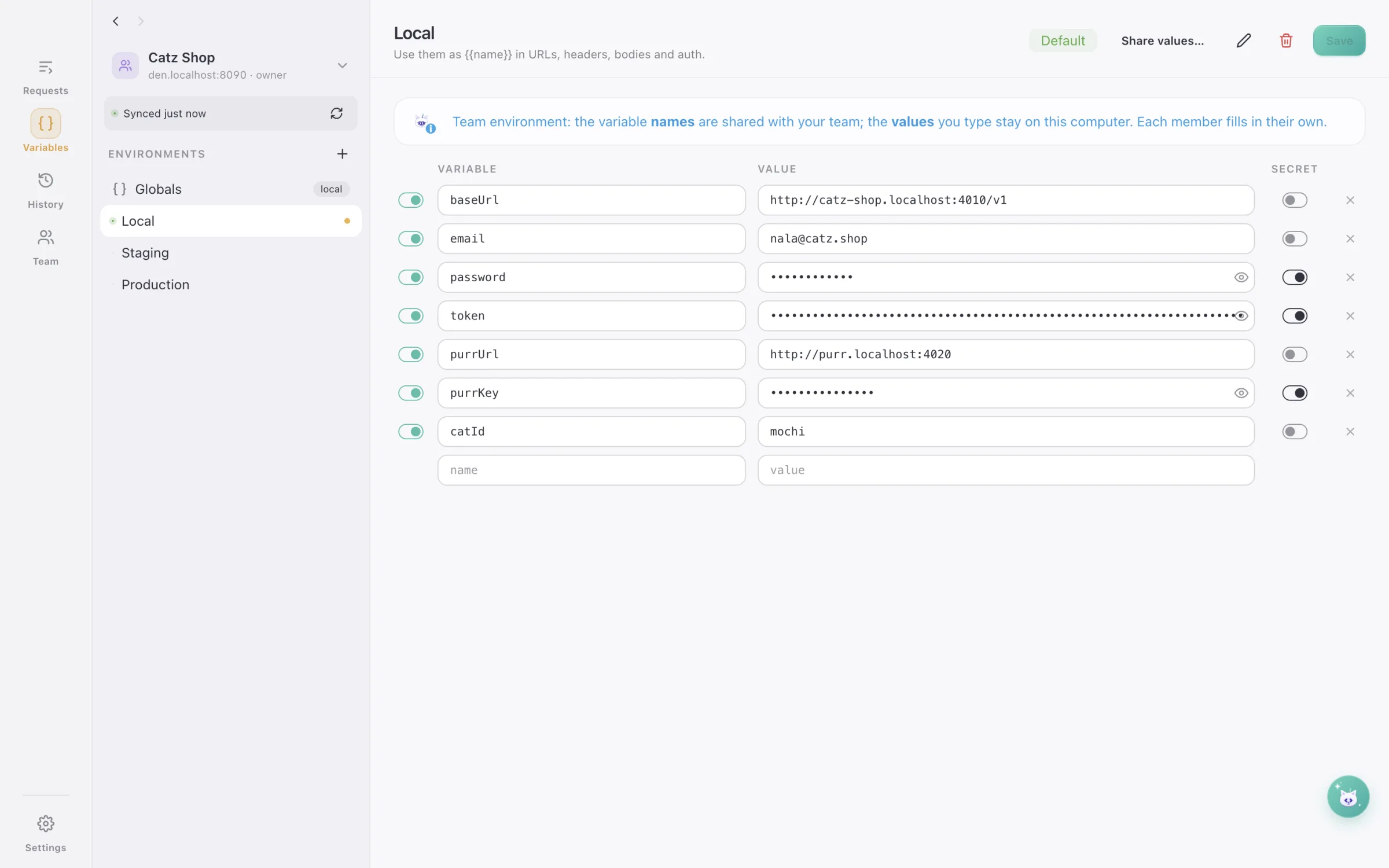 A team environment in DialCatz with secret values hidden