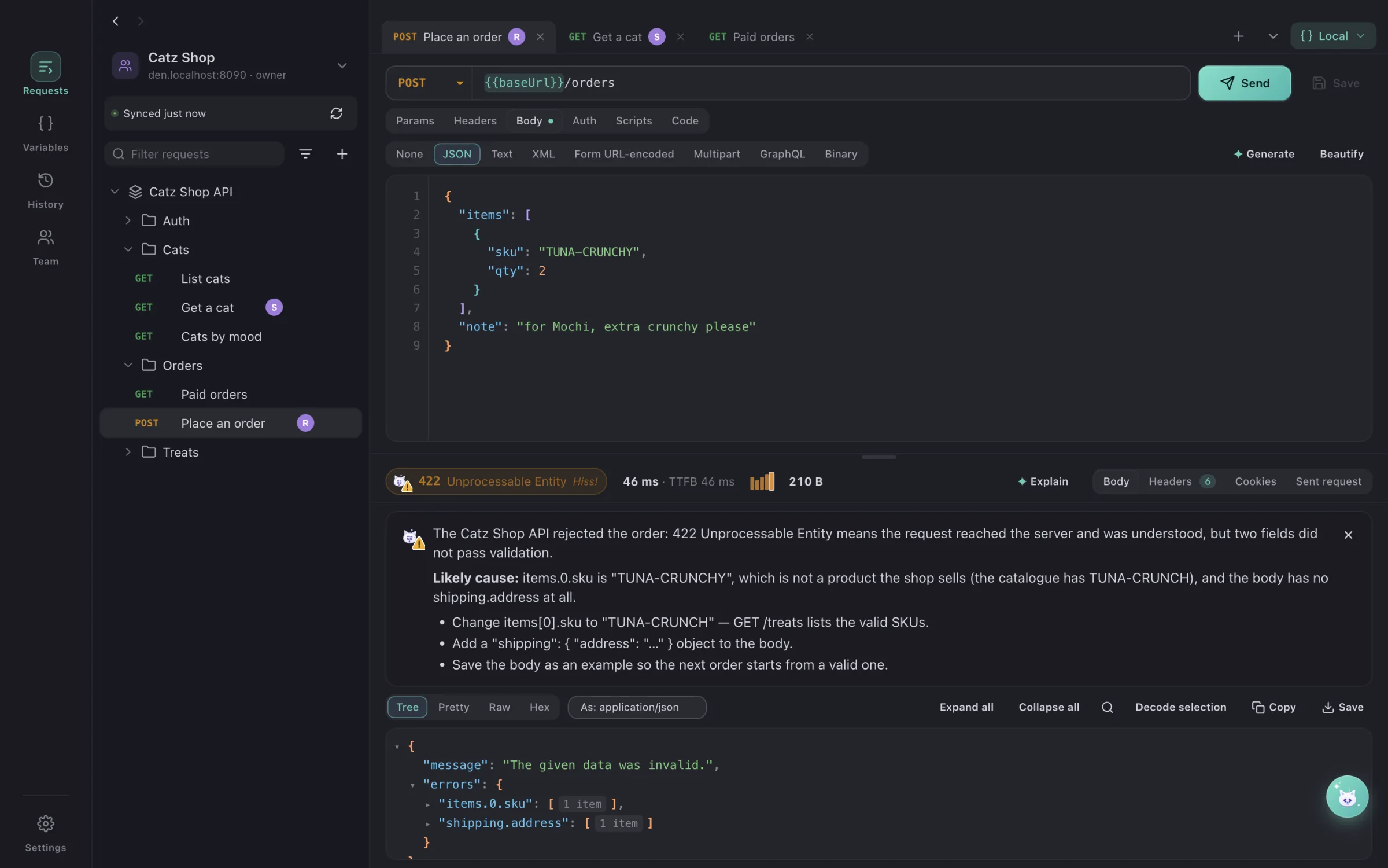 DialCatz explaining a 422 response with AI