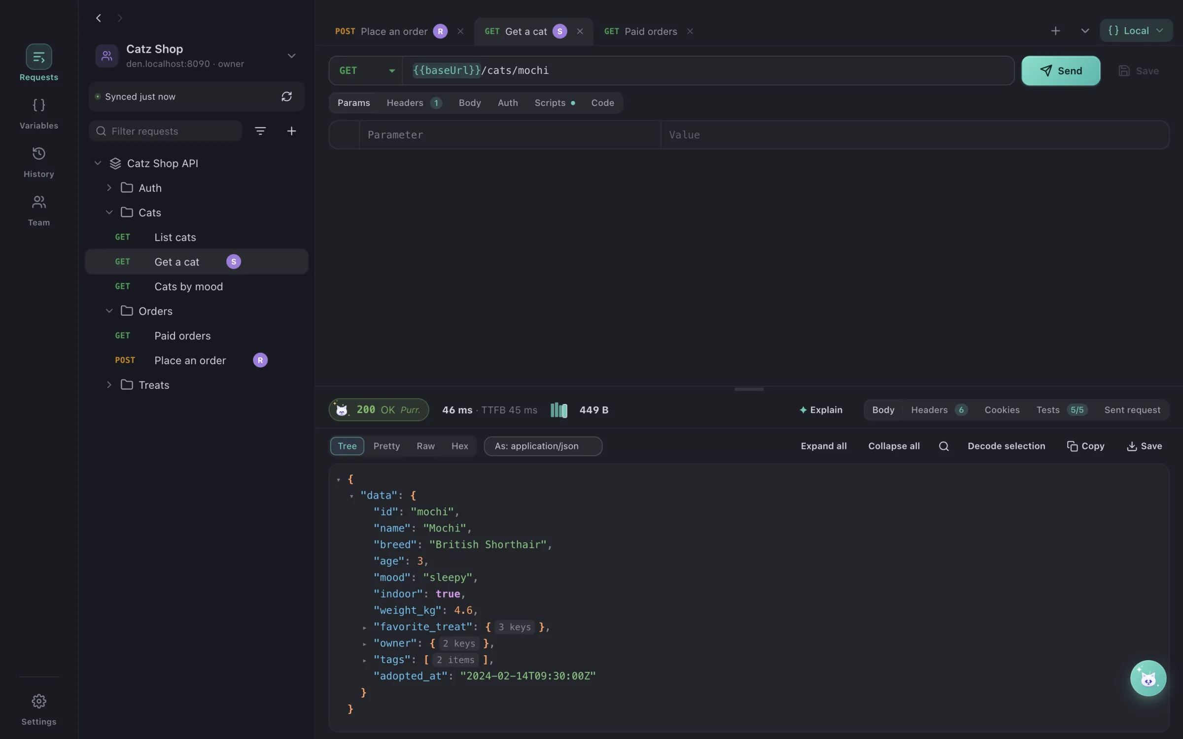A request to the Catz Shop API in DialCatz with its JSON response and passing tests
