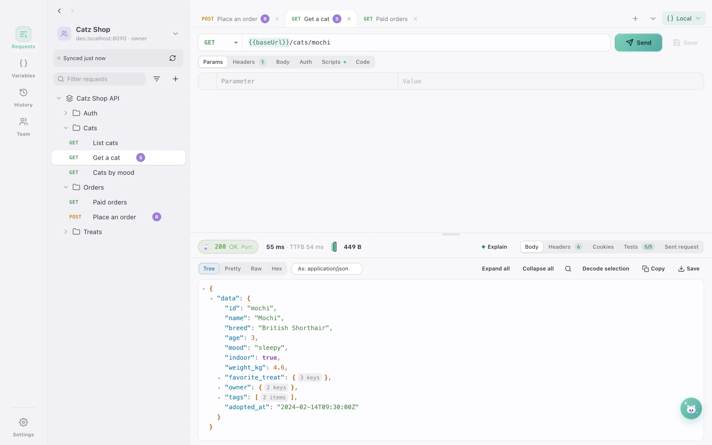 A request to the Catz Shop API in DialCatz with its JSON response and passing tests