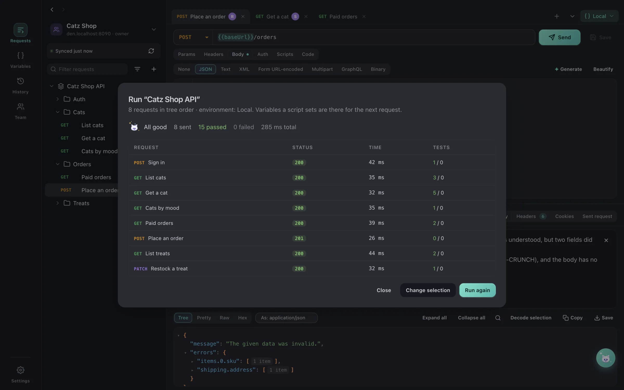 The DialCatz collection runner with every test passing