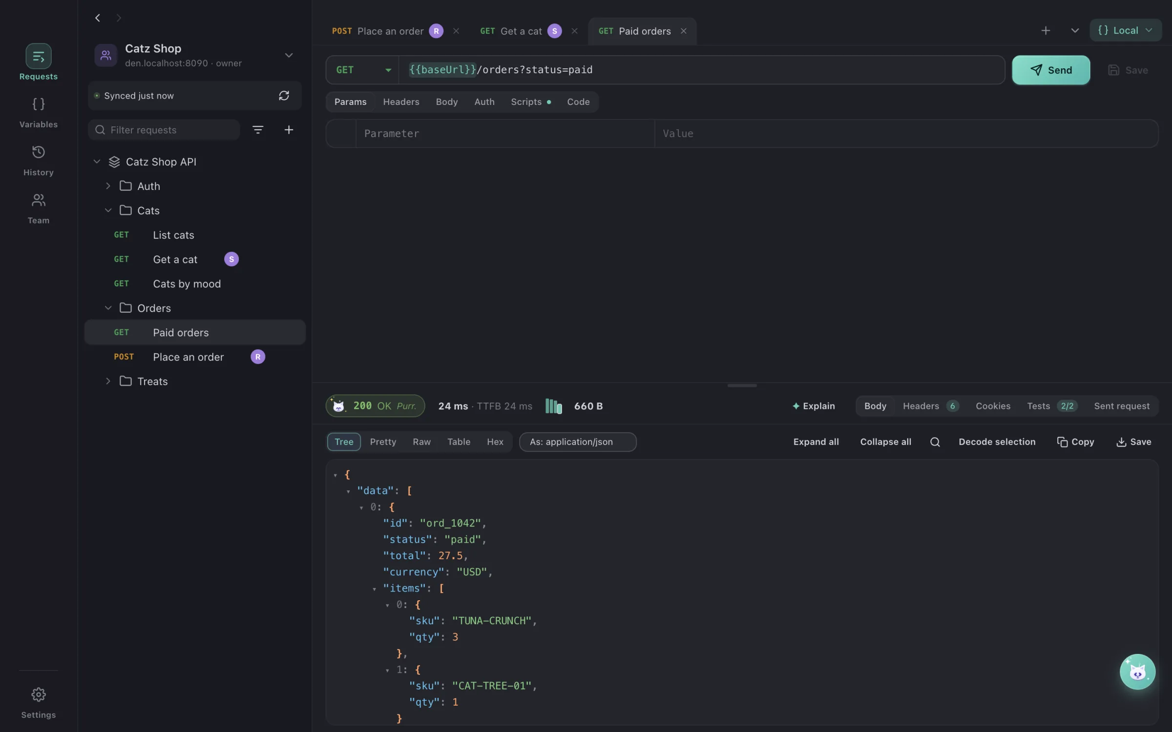 A team workspace synced through DialCatz Den, with teammates on their requests