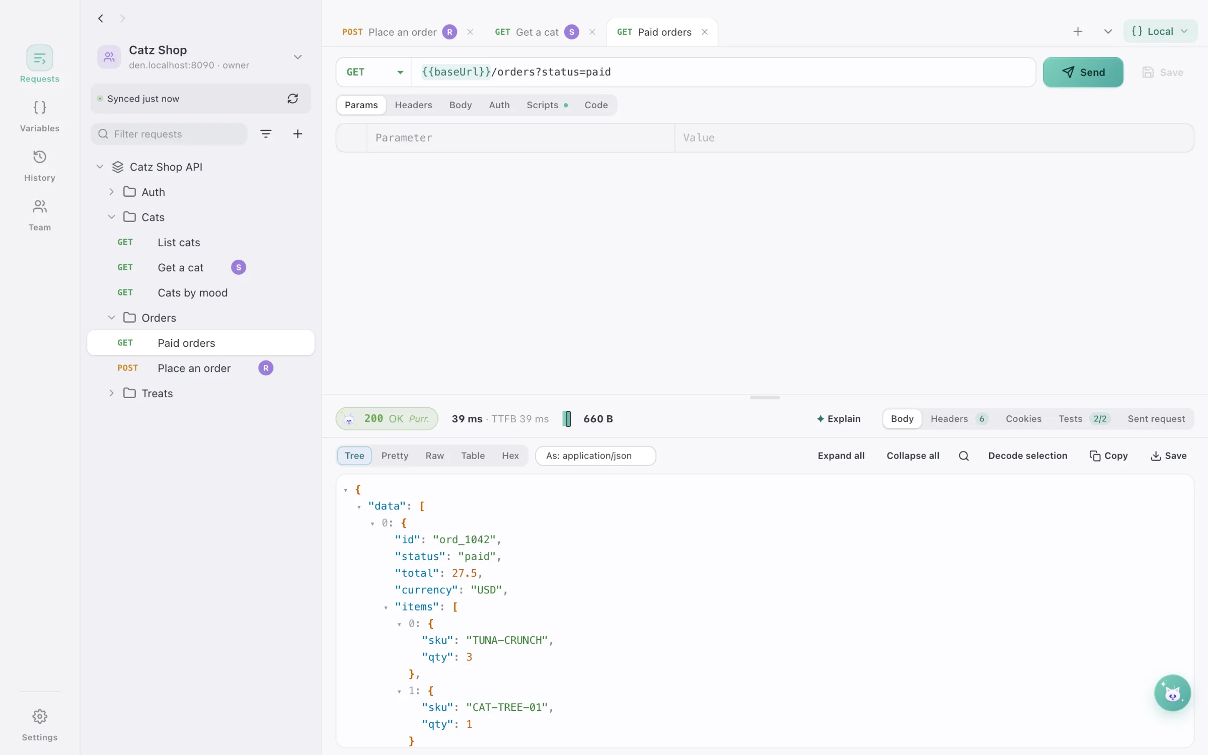 A team workspace synced through DialCatz Den, with teammates on their requests